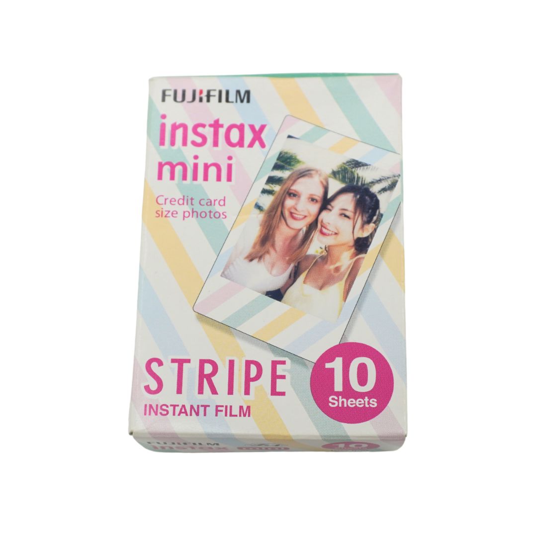Fujifilm Instax Mini Stripe instant film pack containing 10 credit card size photos, featuring a pastel striped design with pink and white text.