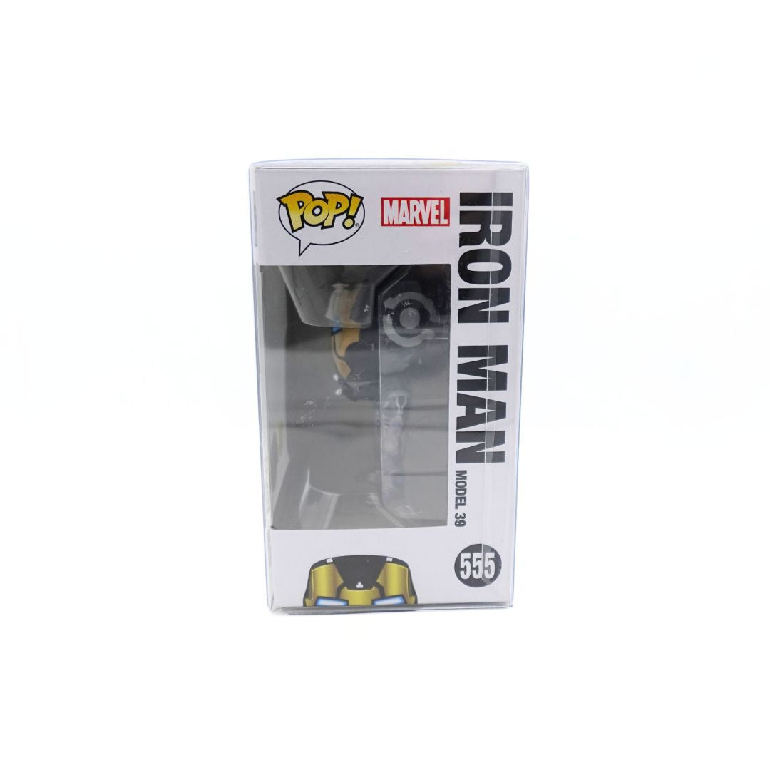 Side on photo of the Marvel Funko Pop Iron Man Model 39 in box