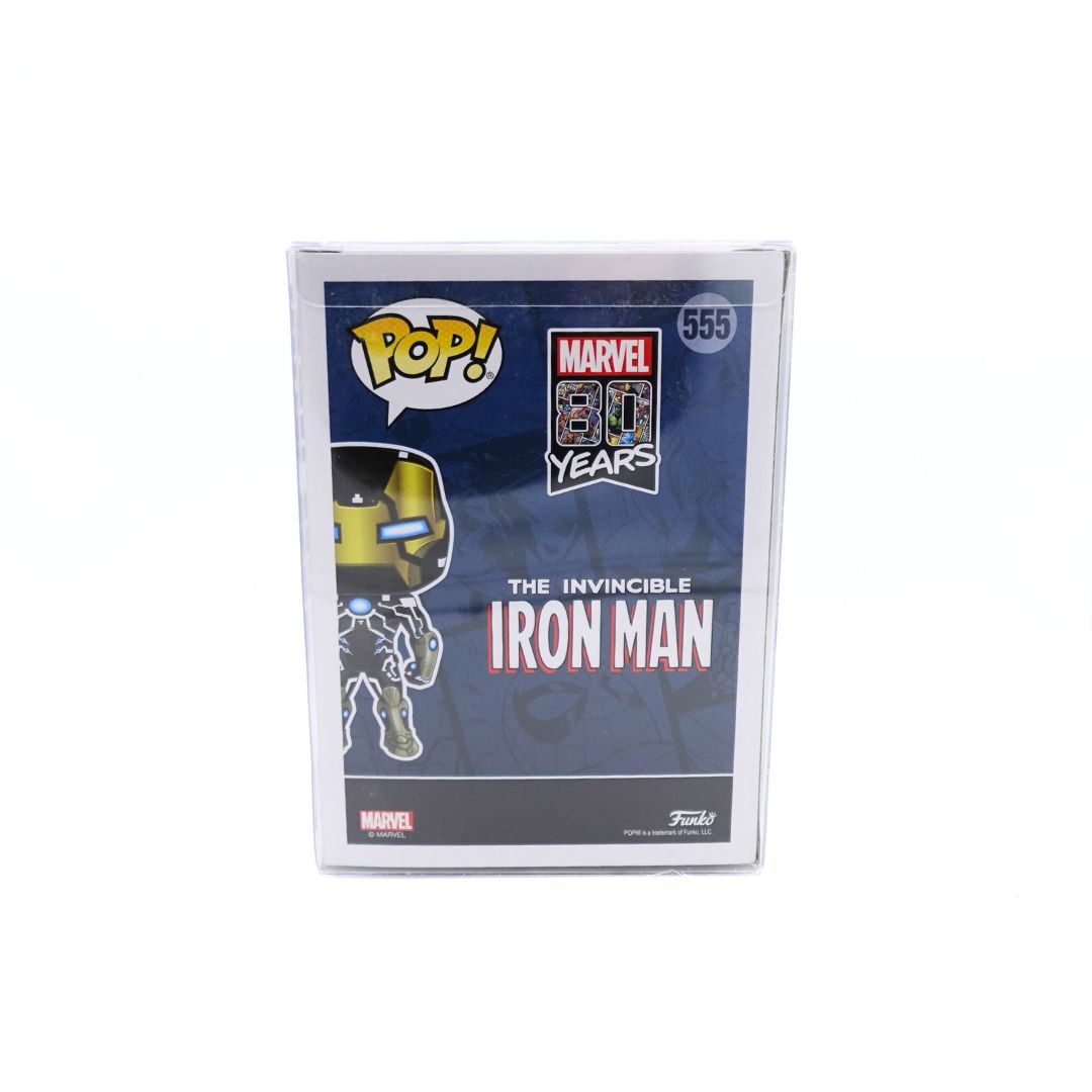 Photo of the back of the glow in the dark Iron Man 555 Funko Pop box