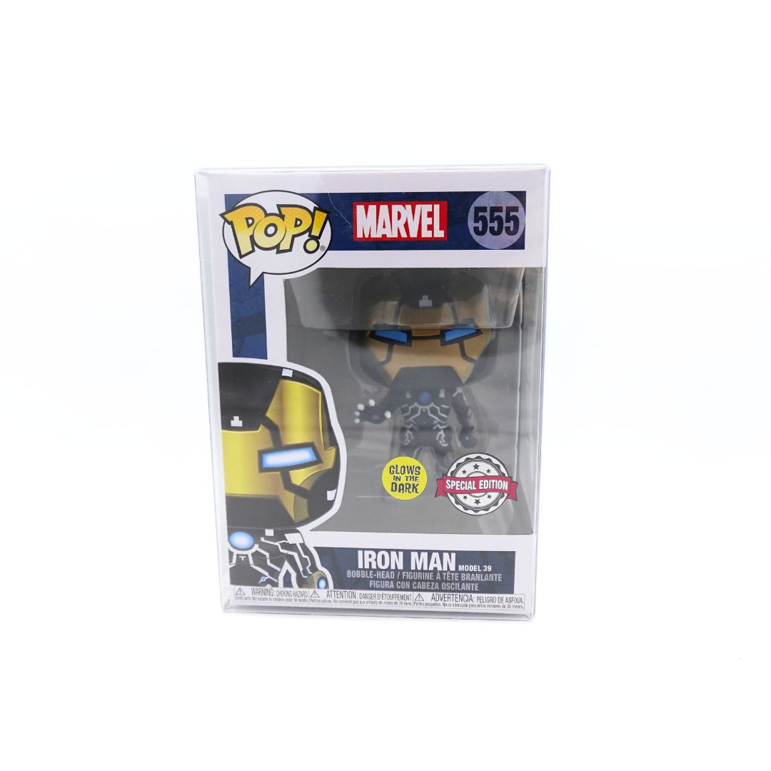 Front on photo of the Iron Man Model 39 555 Funko Pop in packaging