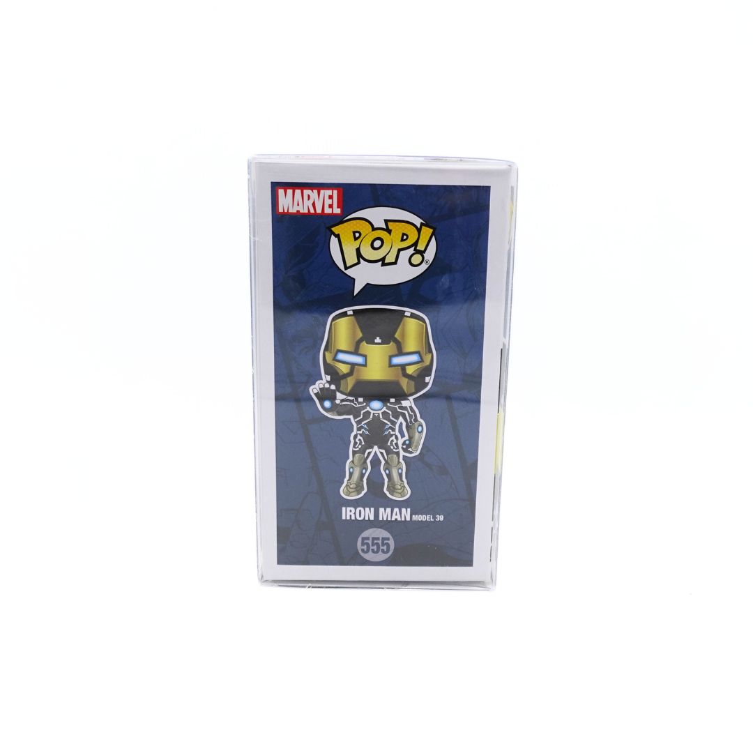 Side on photo of the Iron Man 555 Funko Pop box showing an illustration of the figure