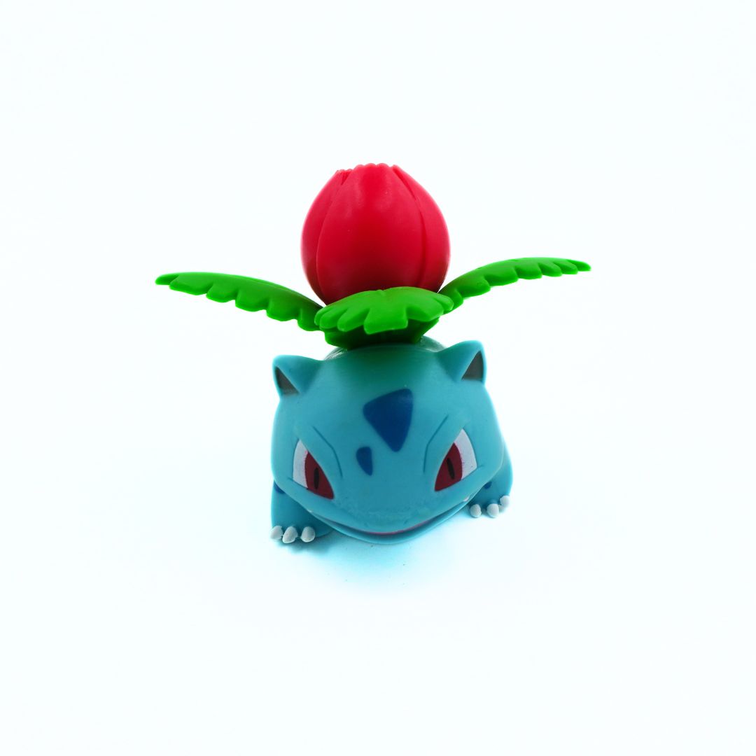 Toy figure of a character with a red flower on its head against a white background
