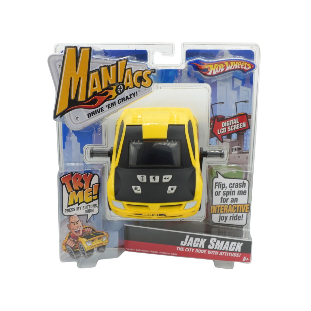 Toy car in packaging with Maniacs and Hot Wheels branding on a white background
