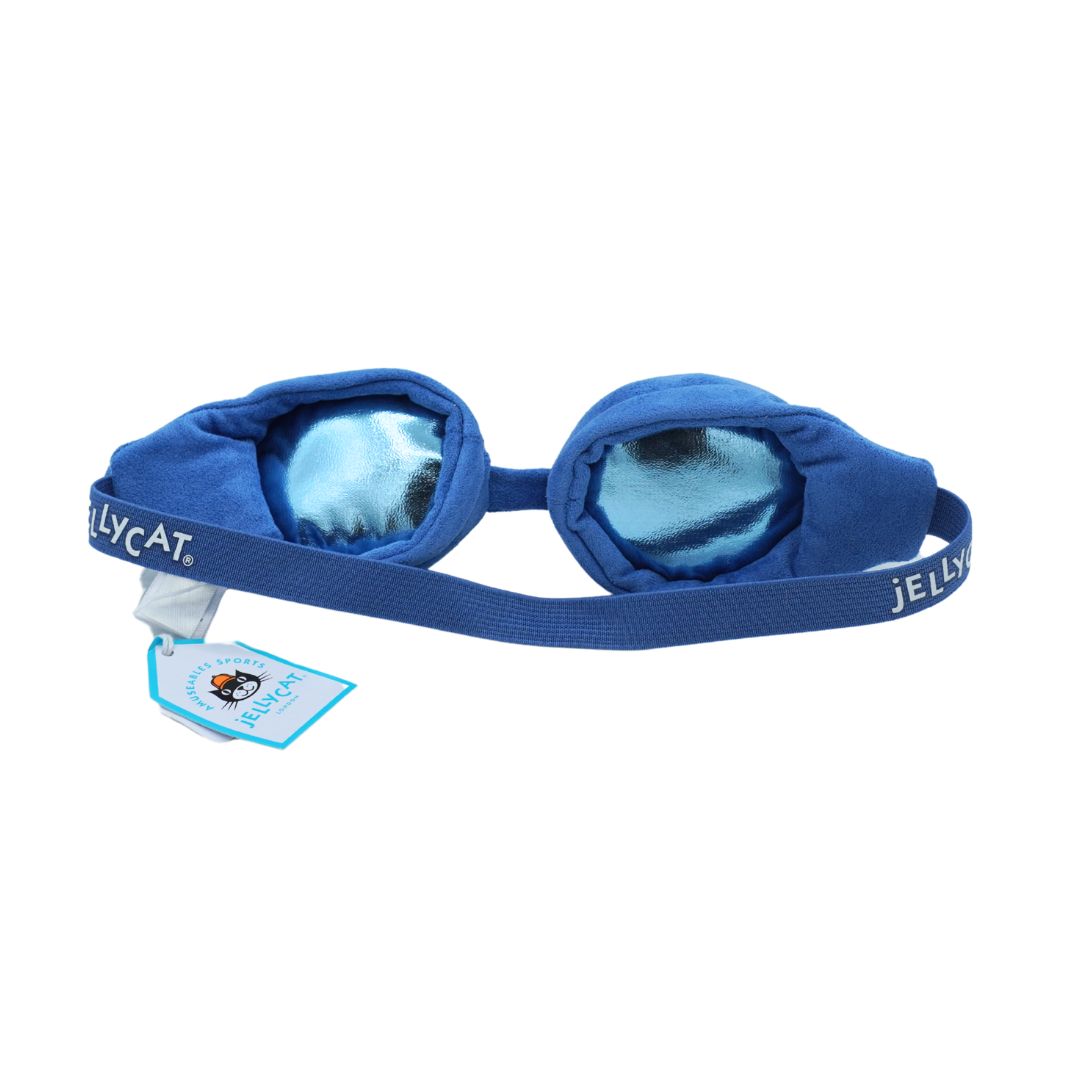 Blue plush swim goggles with a matching elastic strap, featuring a hanging tag with a cartoon character and the brand name Jellycat.