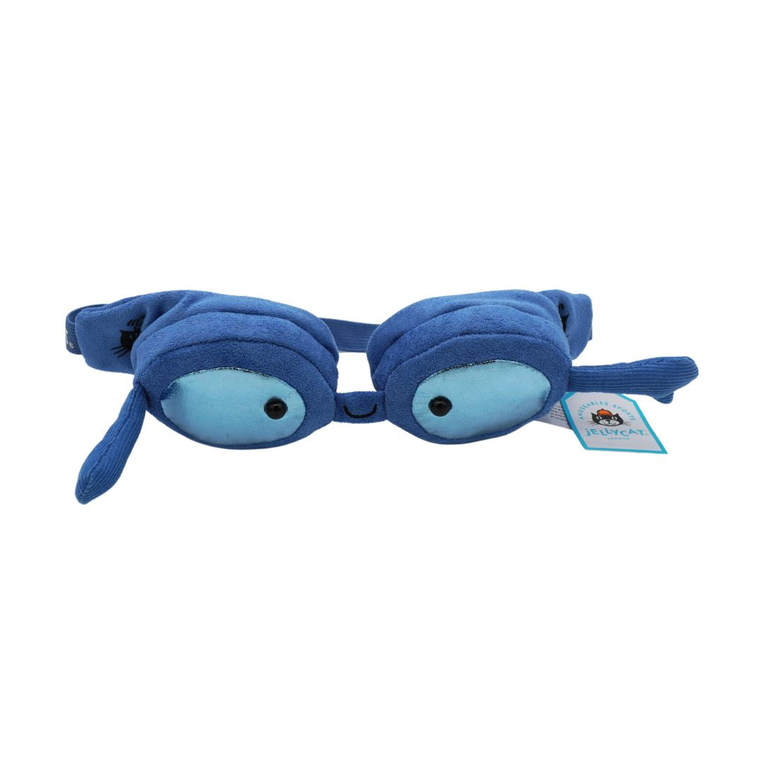 Blue plush Jellycat goggles photographed on a white background