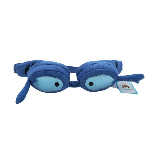 Blue plush Jellycat goggles photographed on a white background