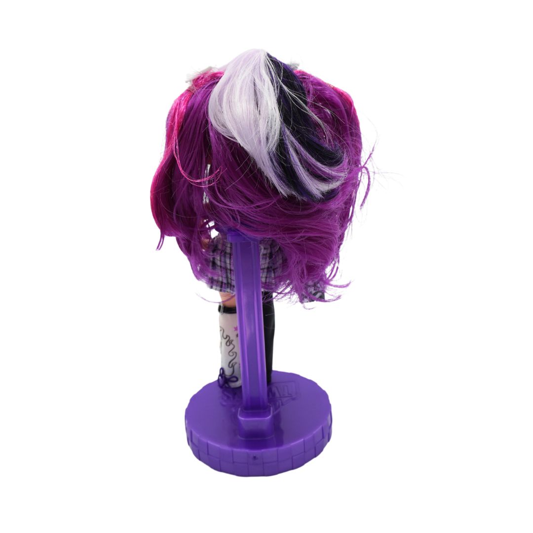 A doll head with long, messy purple, pink, and white hair, mounted on a purple stand against a plain white background.