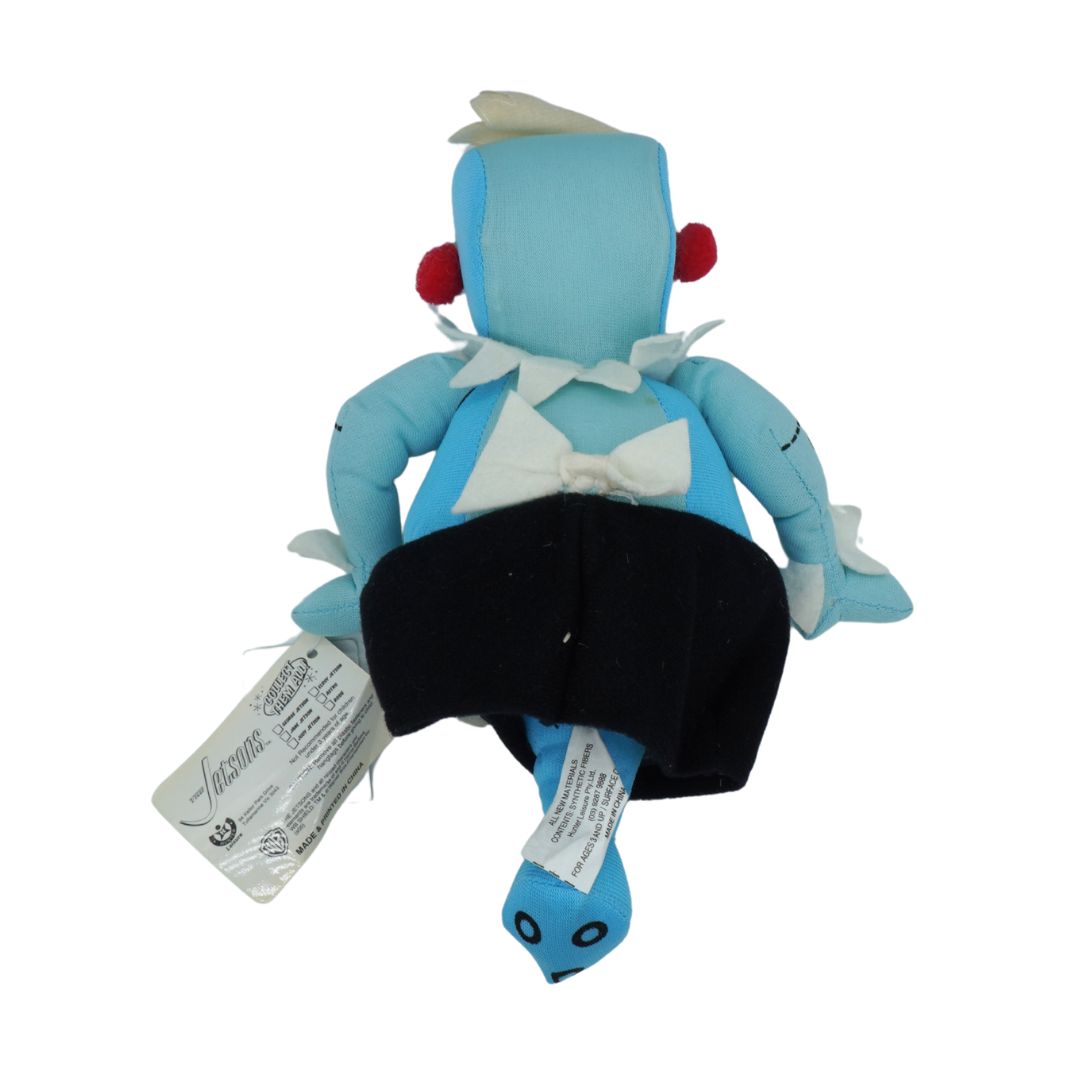 Blue plush toy with a tag on a white background