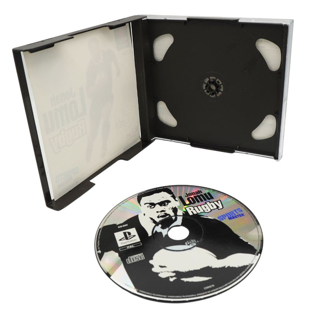 Inside cover of a Playstation game called Jonah Lomu Rugby featuring a rugby player on a white background.