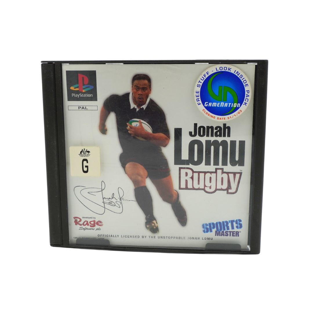 Front cover of a Playstation game called Jonah Lomu Rugby featuring a rugby player on a white background.