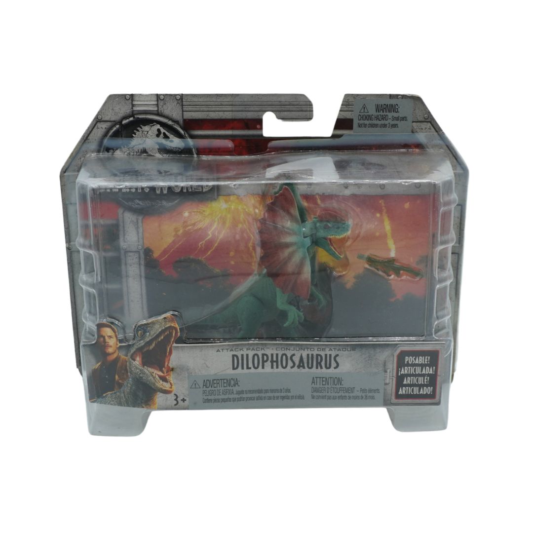 Packaged Dilophosaurus toy figure from Jurassic Park on a white background