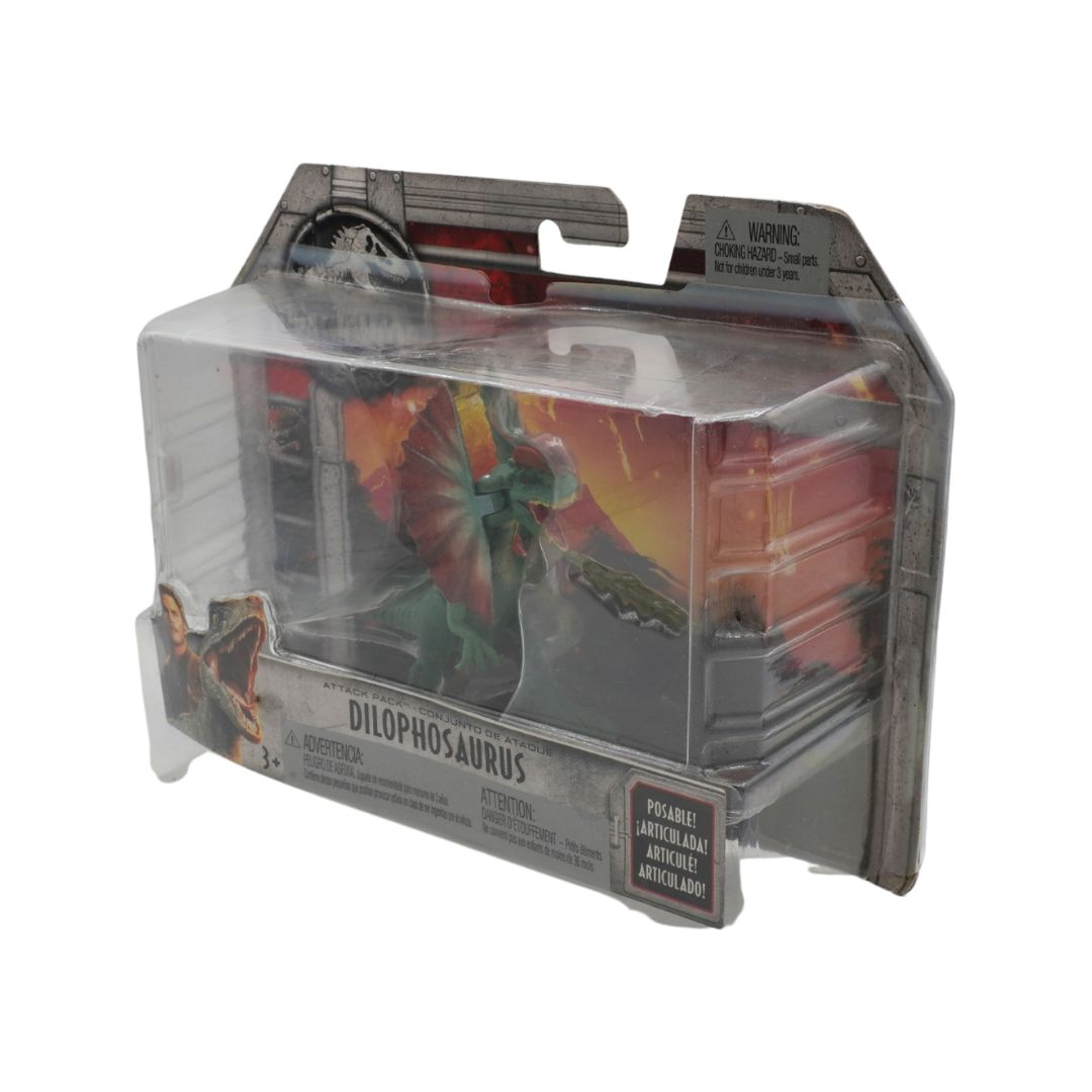 Dilophosaurus toy figure in clear packaging on a white background
