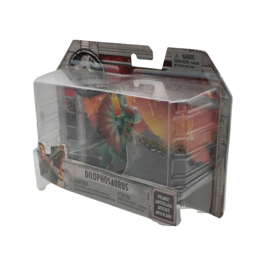 Dilophosaurus toy figure in clear packaging on a white background