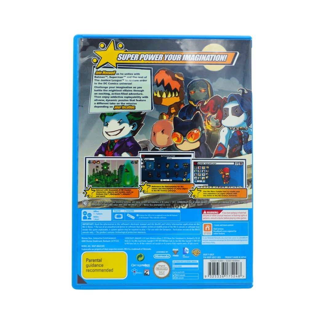 The back cover of a blue game packaging case for 'Super Power Your Imagination!' featuring various cartoon characters and product details.