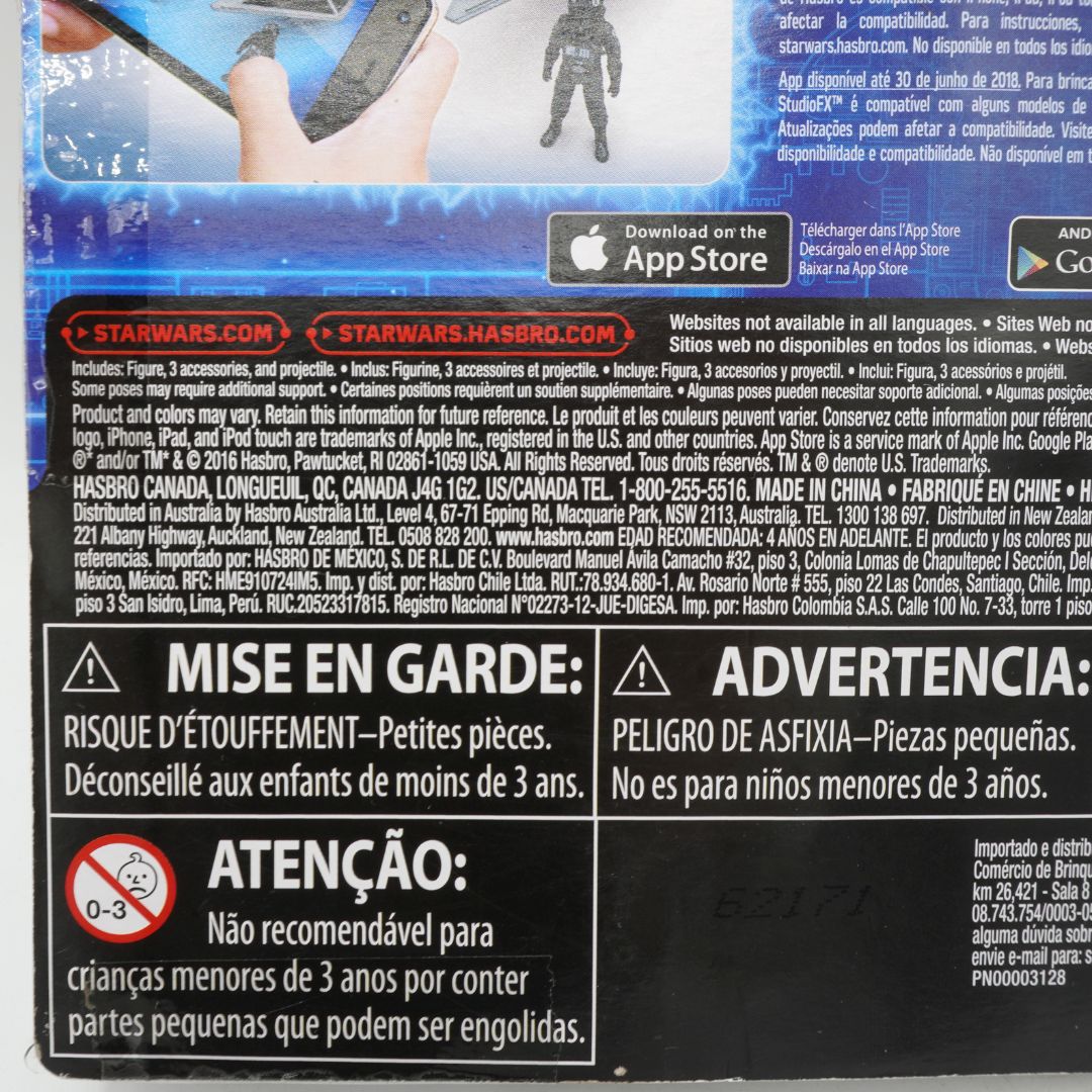 Back of a toy packaging with multiple languages of warning labels.