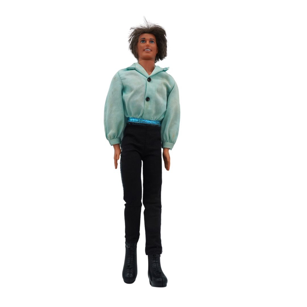 Action figure wearing a light green jacket and black pants on a white background