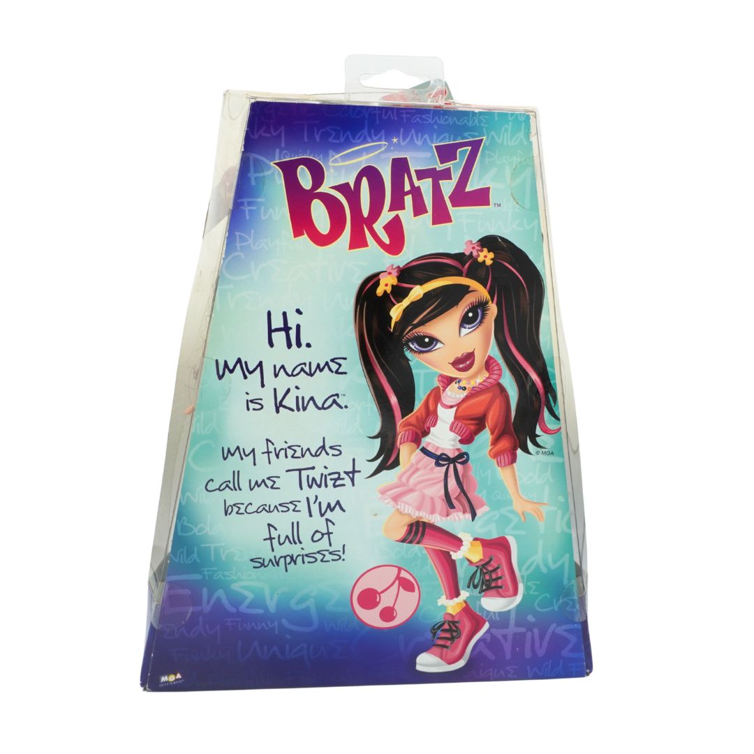 Bratz doll packaging with character Kina on a blue and pink background