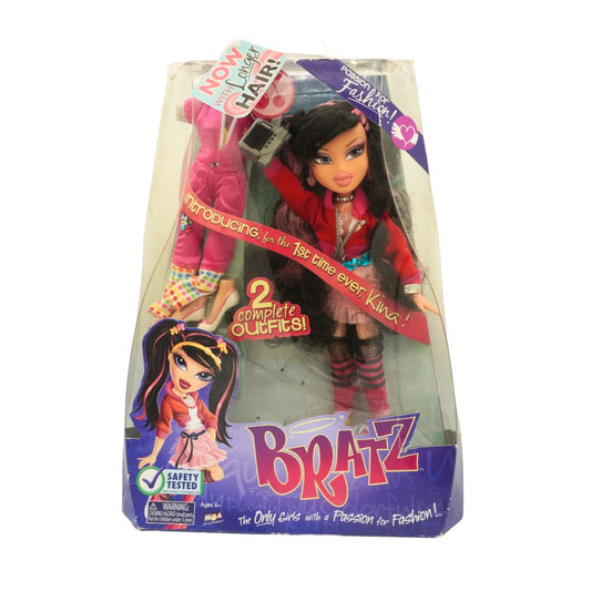Bratz doll packaging with a doll inside, showing two complete outfits.