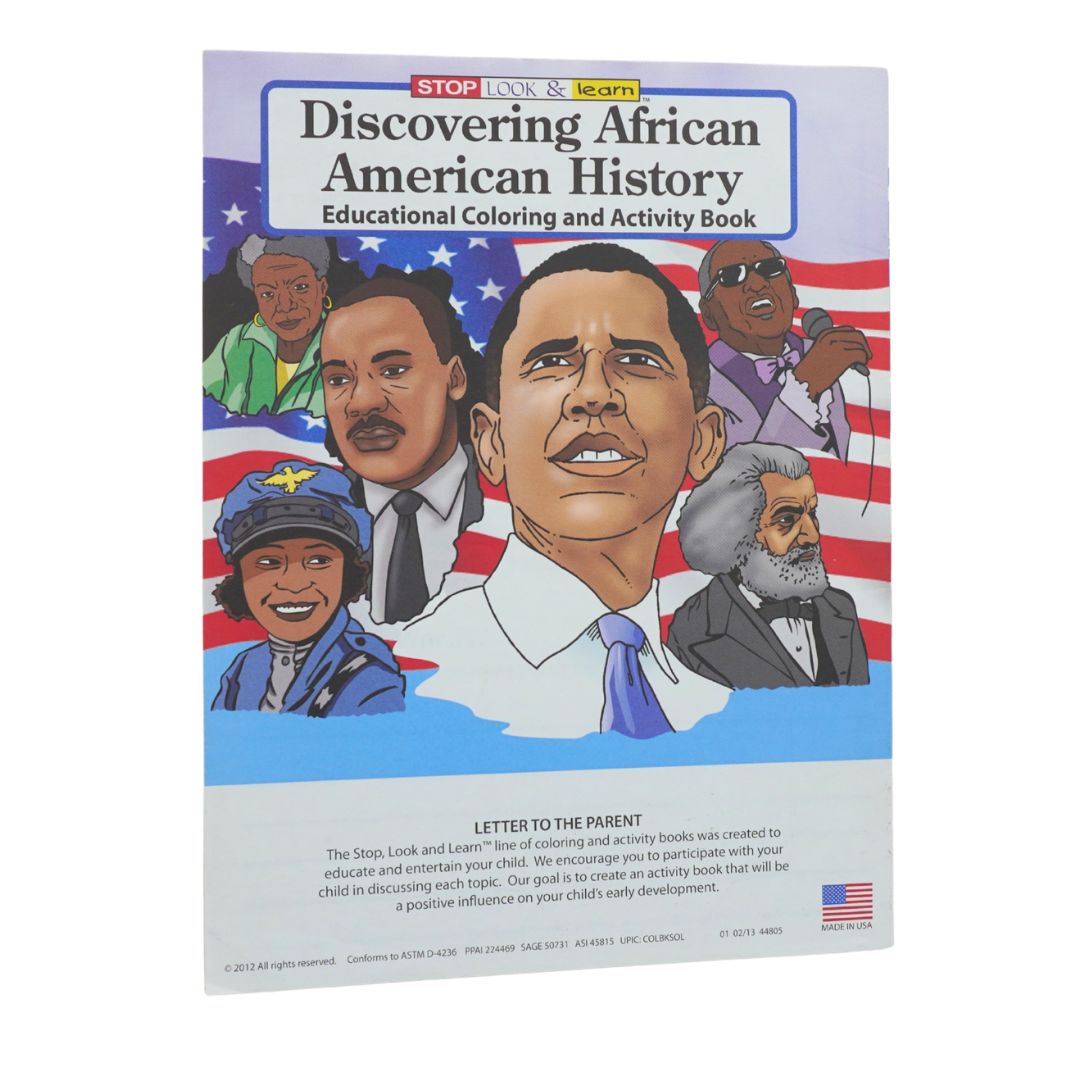 Discovering African American History Educational Coloring and Activity Book by Stop, Look & Learn, shown as a flat product shot against a white background.