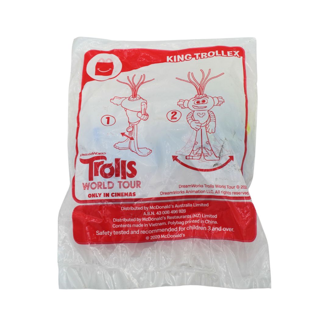 A sealed plastic bag containing a McDonald's Trolls World Tour King Trollex toy, featuring red and white packaging graphics on a white background.