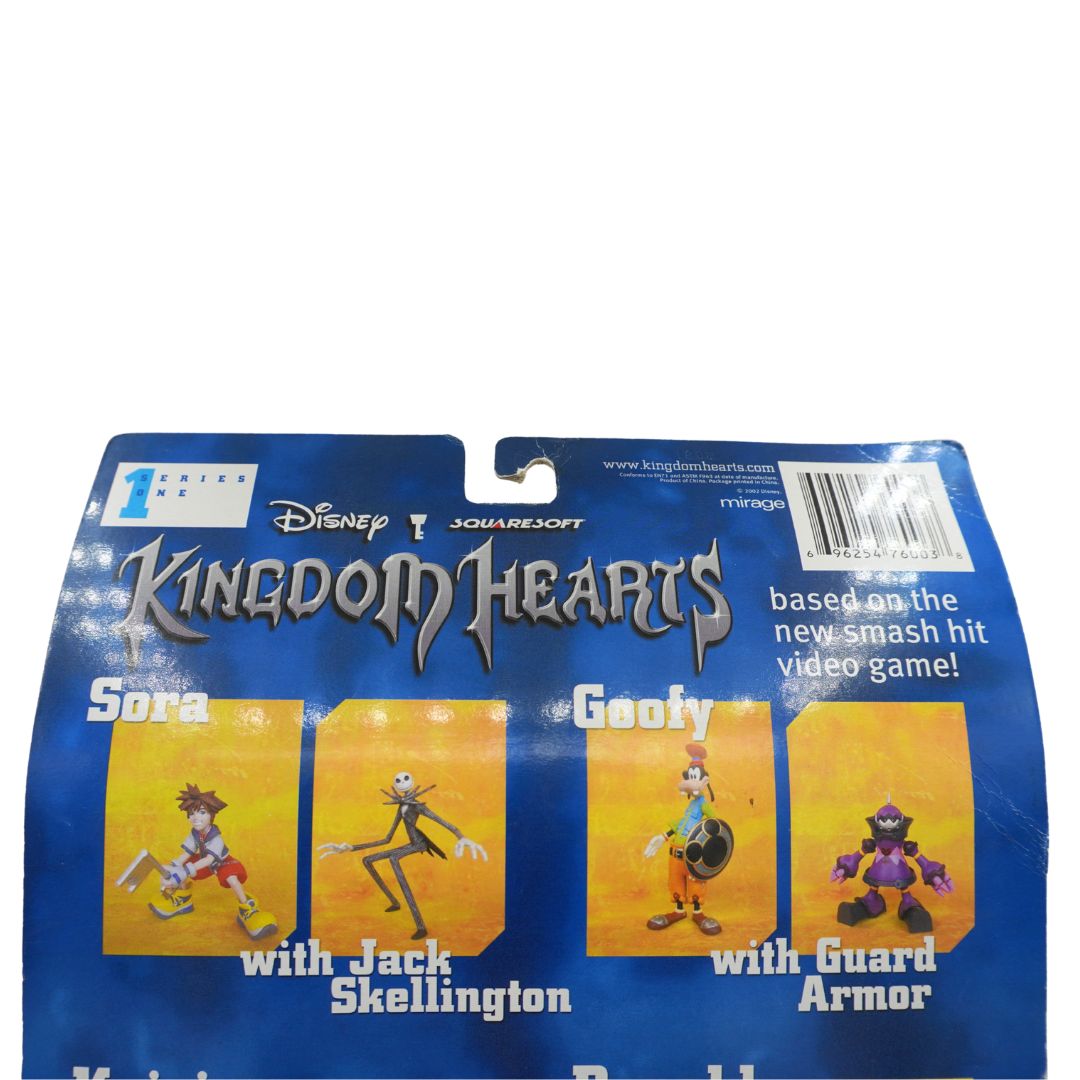 Kingdom Hearts 1 figure blister card packaging by SquareSoft, featuring Disney branding and character art on a blue backing card.
