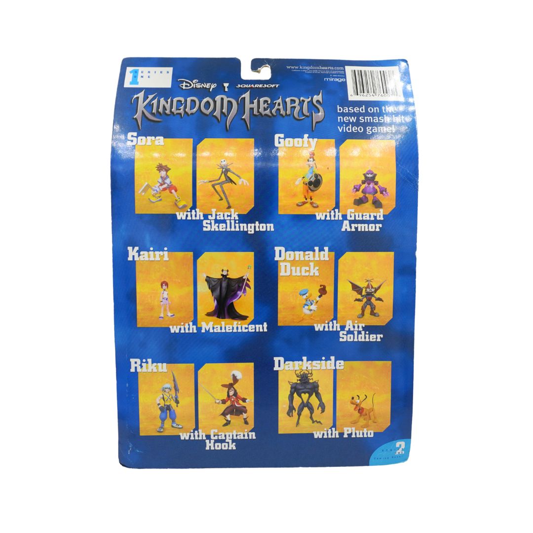 Kingdom Hearts character mini-doll figure set in its original blue packaging, featuring characters Sora, Goofy, Kairi, Donald Duck, Riku, and Darkside.