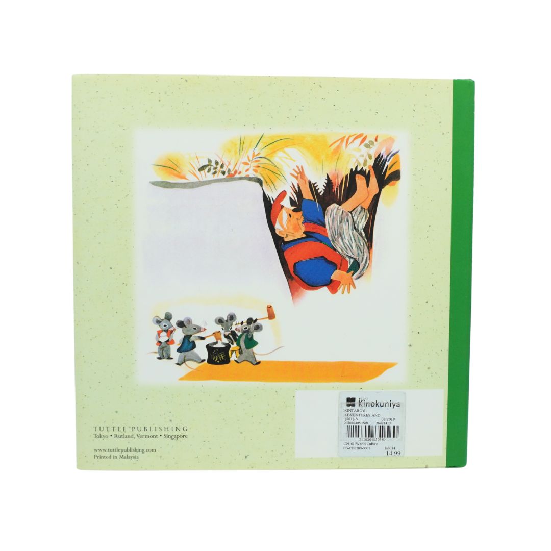 Back cover of the children's book 'Kintaros Adventures' by Tuttle Publishing, featuring a light green textured background, a colorful illustration of a bird and mice, and a green spine band on the right.