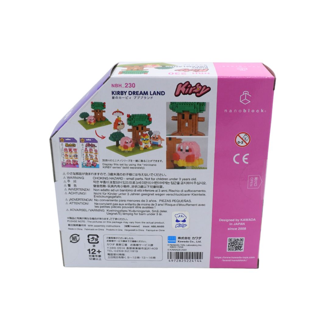 Nanoblocks Kirby Dream Land NBH_230 toy building block set in its original retail packaging, showing the back of the box with product details, instructions, and illustrations.
