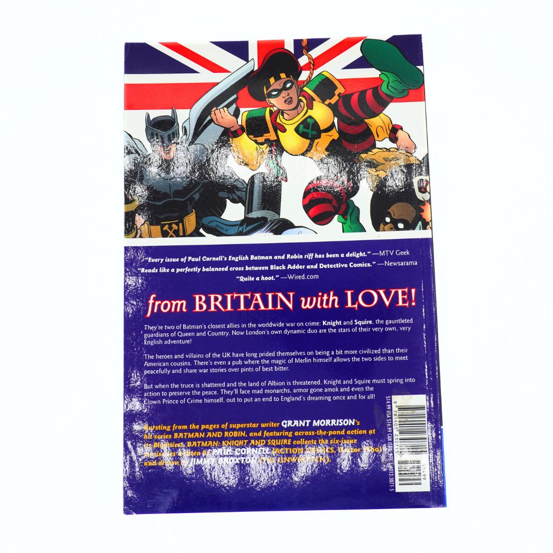 The back cover of a book titled 'from BRITAIN with LOVE!' featuring colorful comic-style artwork of British characters at the top and a purple backmatter section with text and a barcode.