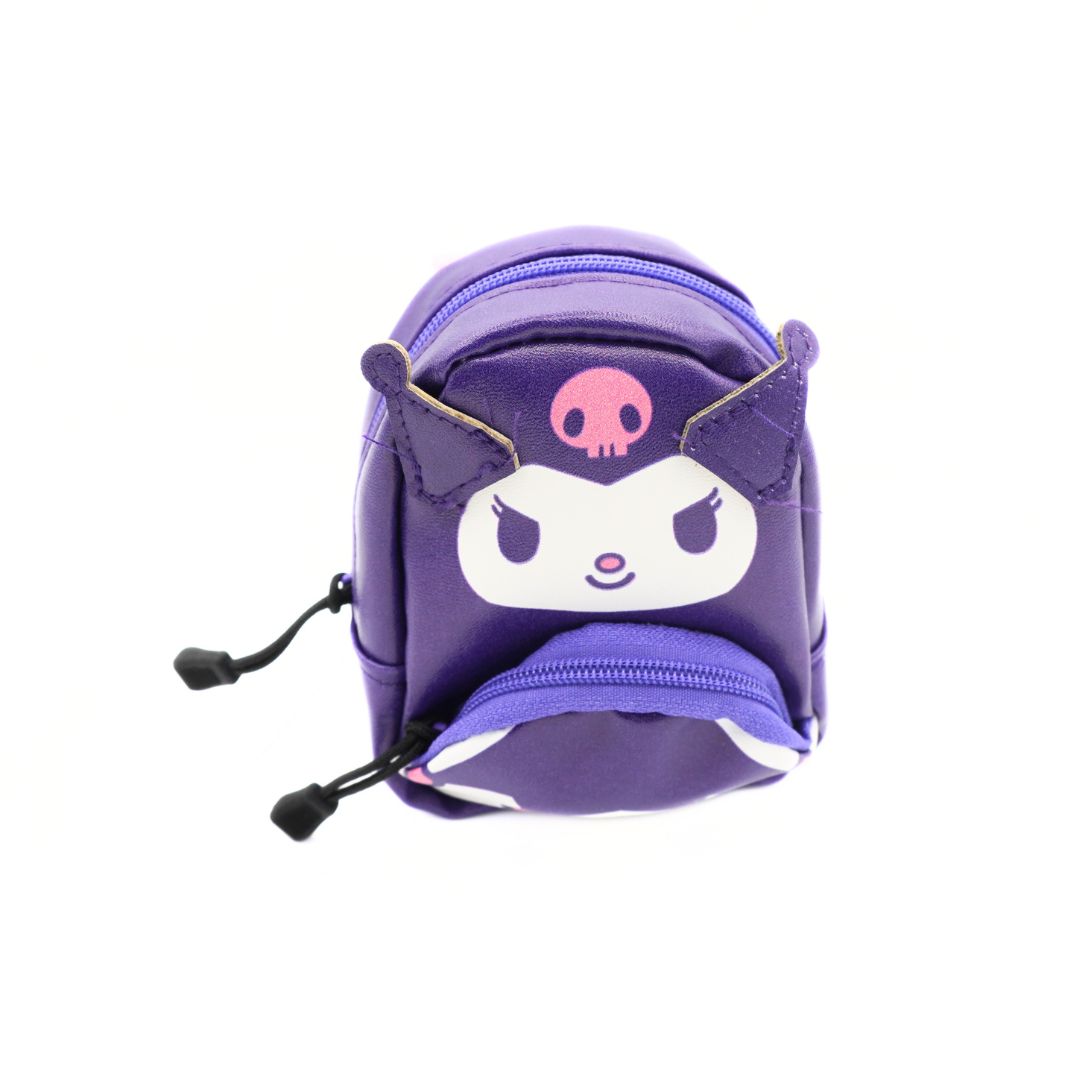 A small purple cartoon coin purse featuring Kuromi's face, with a top zipper, a front zip pocket, and black drawstring cords on the sides, shown against a plain white background.