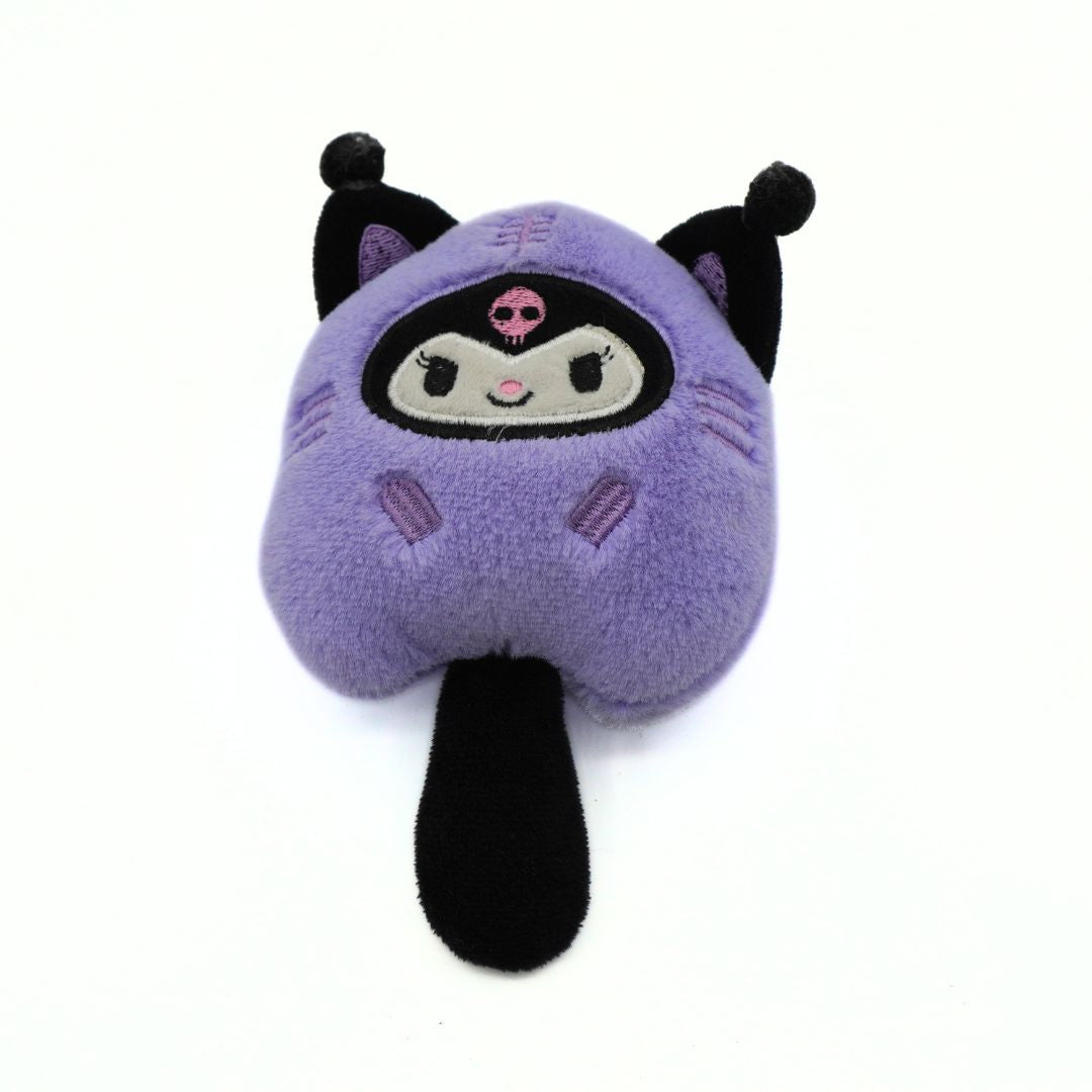 A purple and black Kuromi plush character head accessory with embroidered facial features and pointed ears, shown on a plain white background.