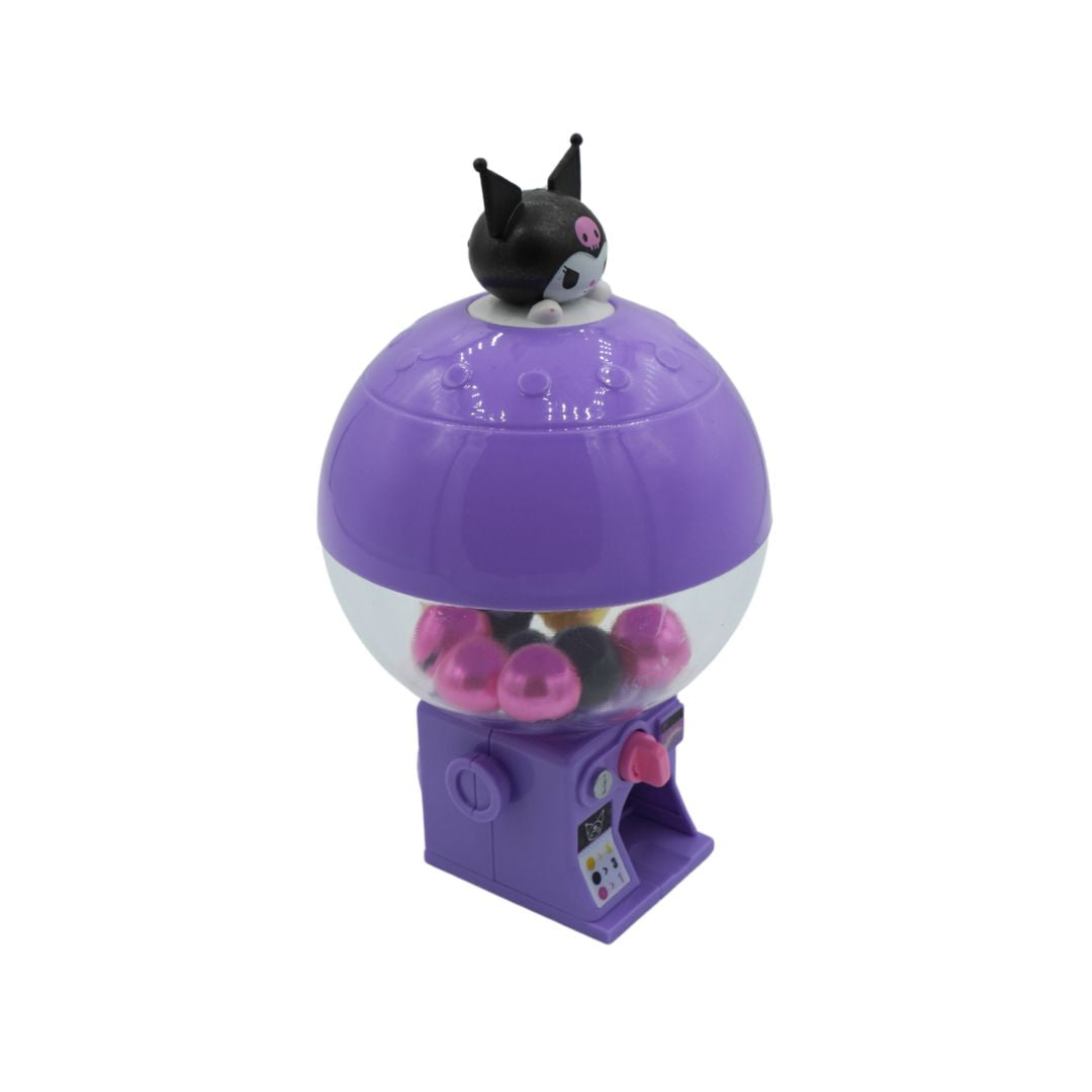 A purple toy that looks like a gumball machine on a white background
