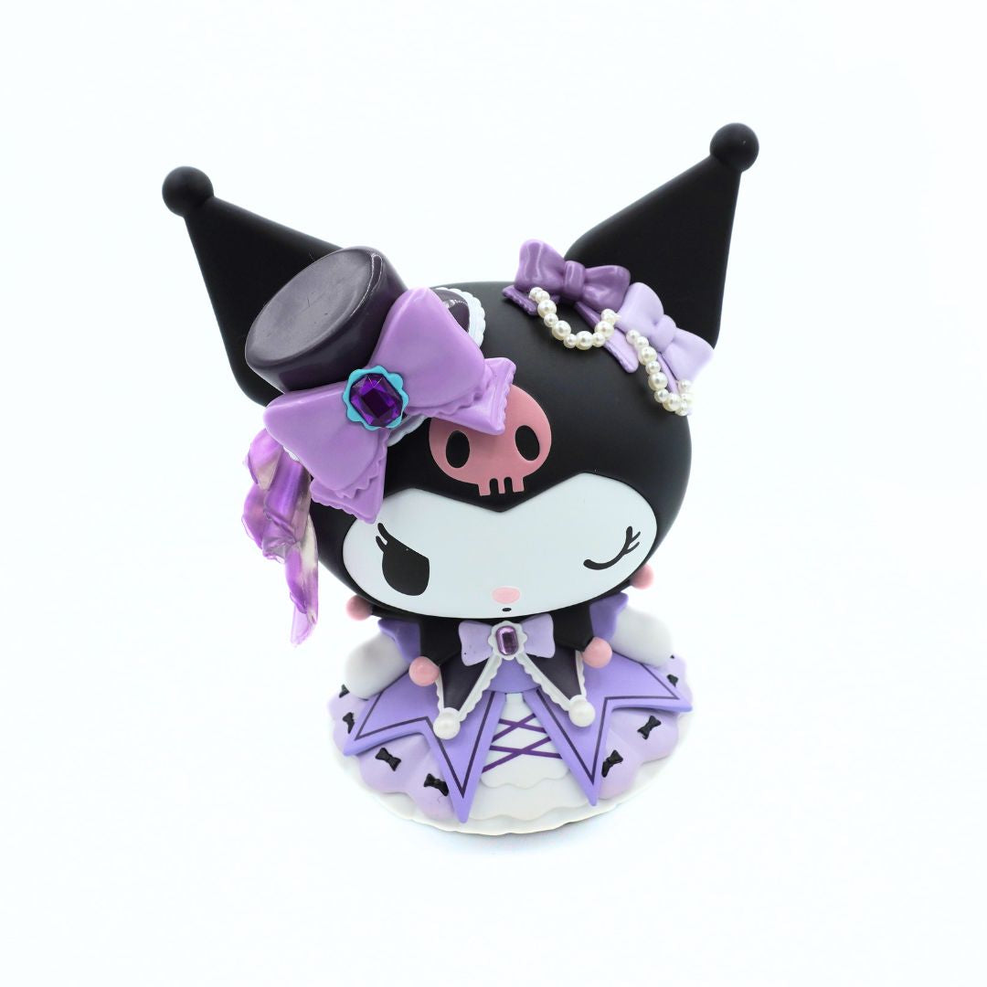 A cute Kuromi character figurine with a black hat, purple bow, and purple dress, set against a plain white background.