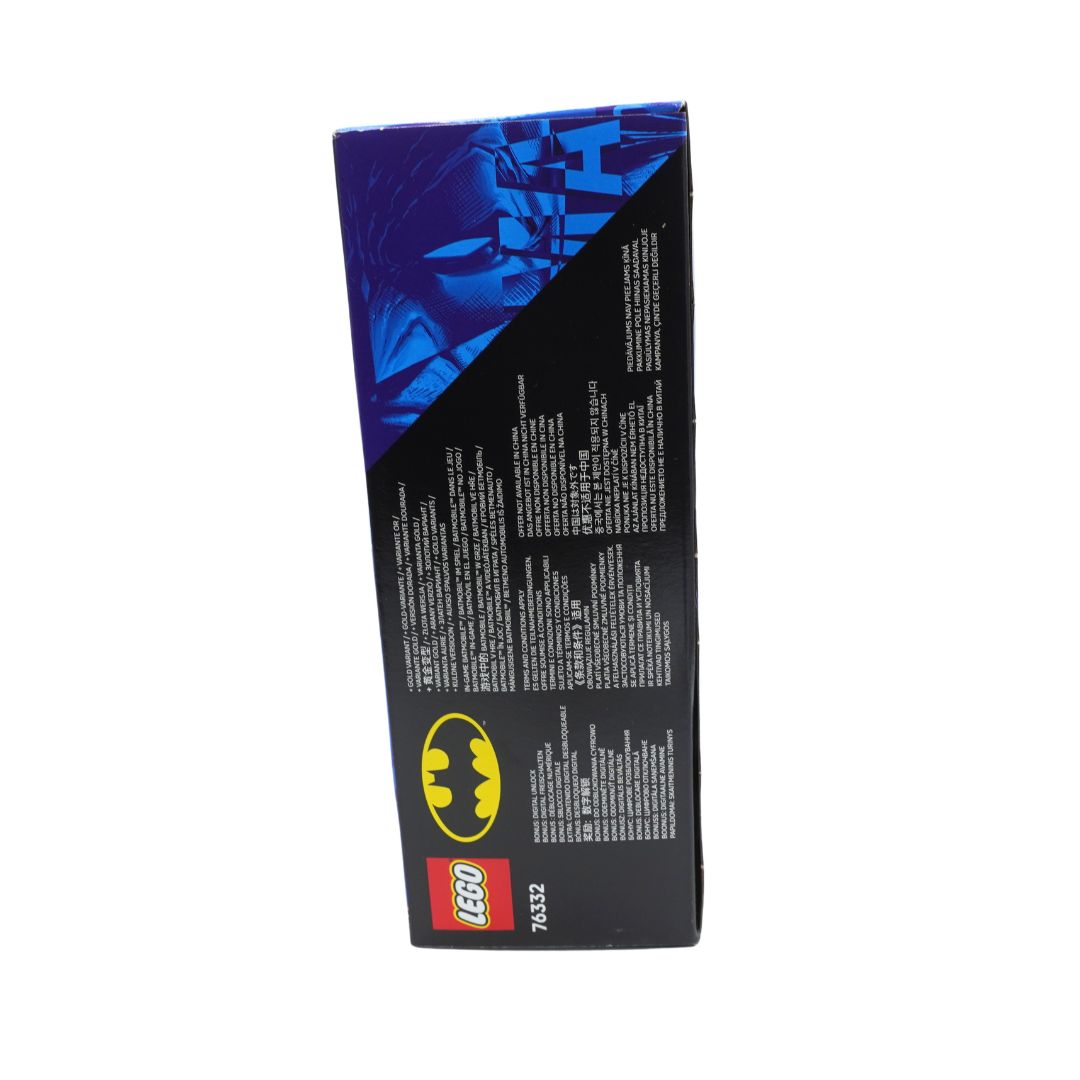 LEGO Batman set box shown from the back, featuring a black and blue design with the yellow Batman logo and LEGO branding, photographed on a white background.