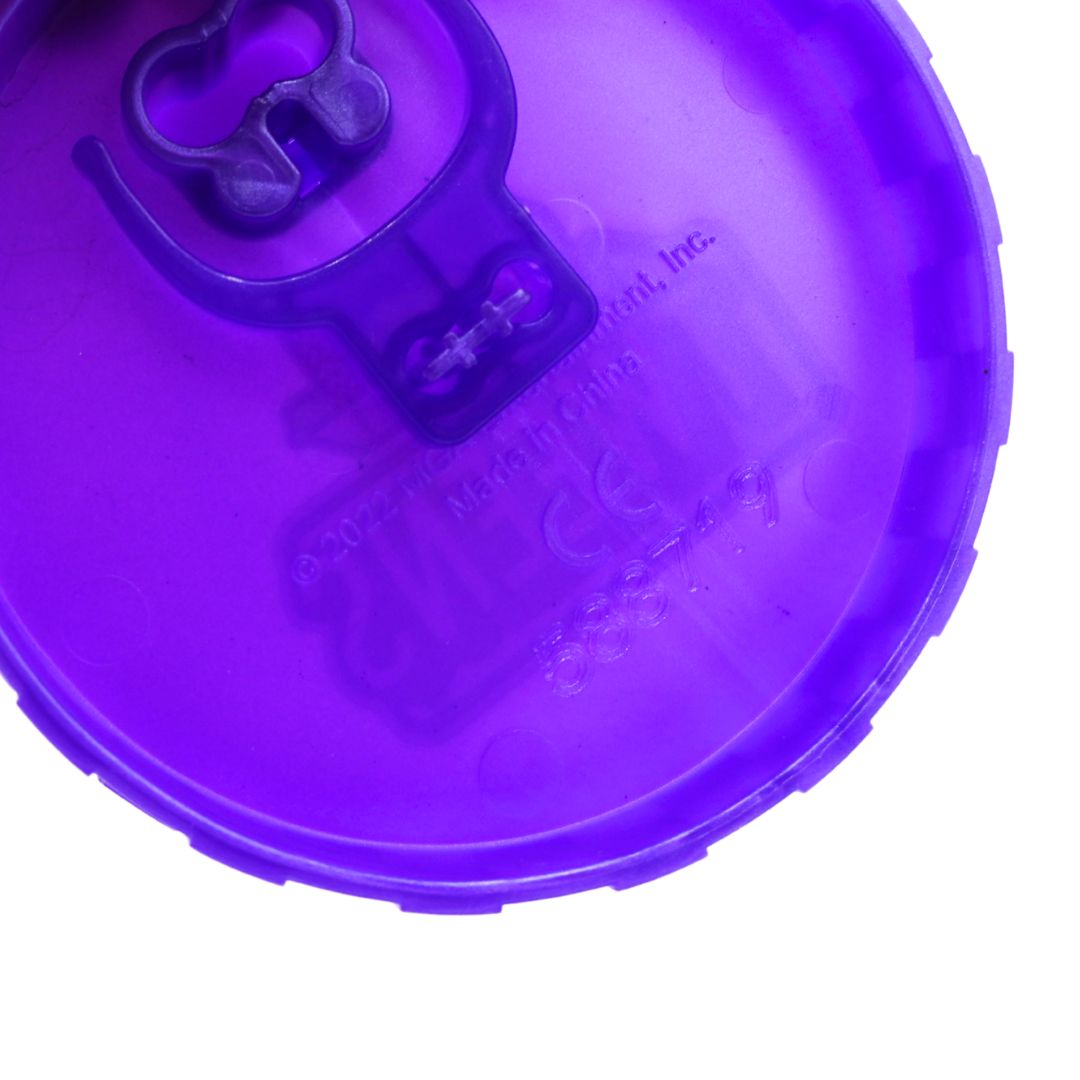 A close-up of a translucent purple plastic stand with a built-in straw opening and embossed manufacturing details, shown against a plain white background.