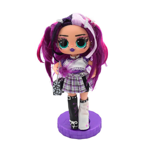 A doll with long purple and black pigtails, wearing a purple plaid dress, black and white thigh-high boots, and holding a black-and-white patterned purse, standing on a purple circular base against a white background.