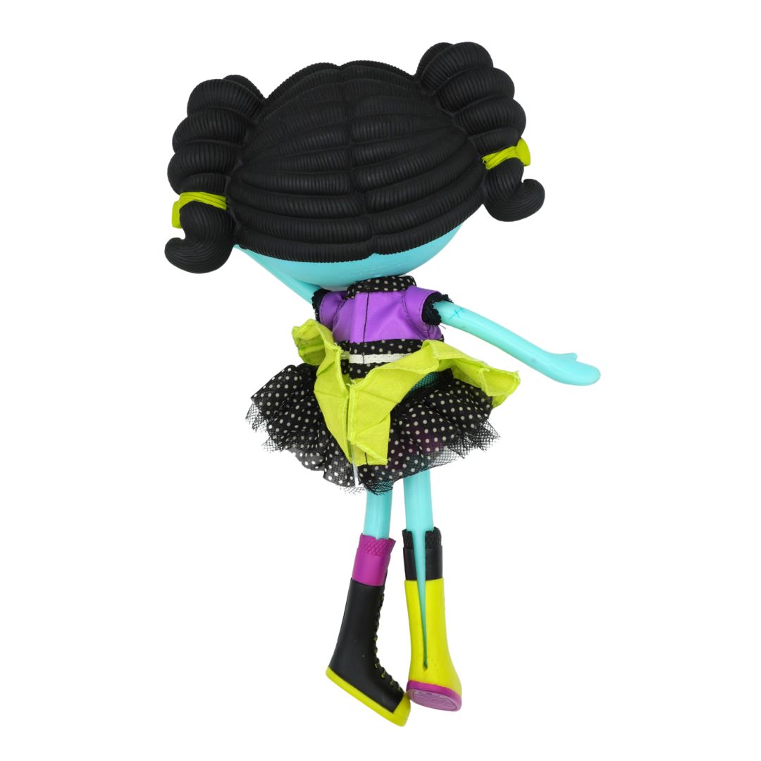 A Lalaloopsy-style doll shown from the back, featuring black textured hair in two buns, a purple and neon yellow dress, and turquoise legs, photographed on a plain white background.