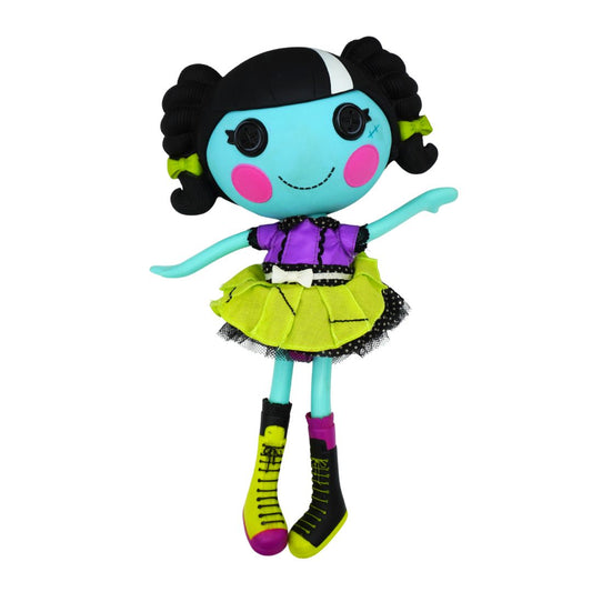 A Lalaloopsy-style rag doll with a bright blue face, black pigtails, pink cheeks, and a purple-and-yellow dress, shown on a plain white background.