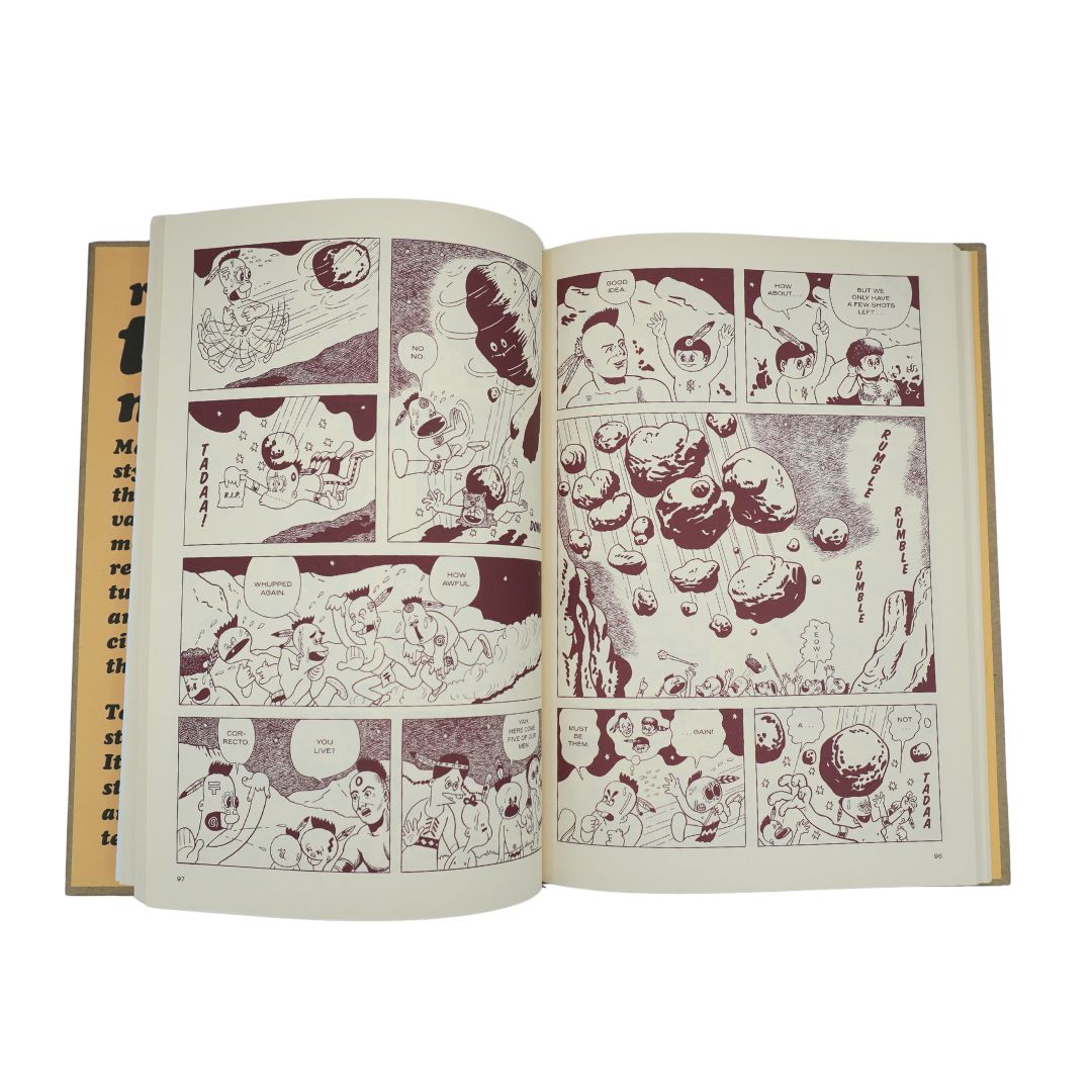 An open vintage comic book or manga book showing illustrated pages with dark red ink panels on cream paper, photographed against a plain white background.