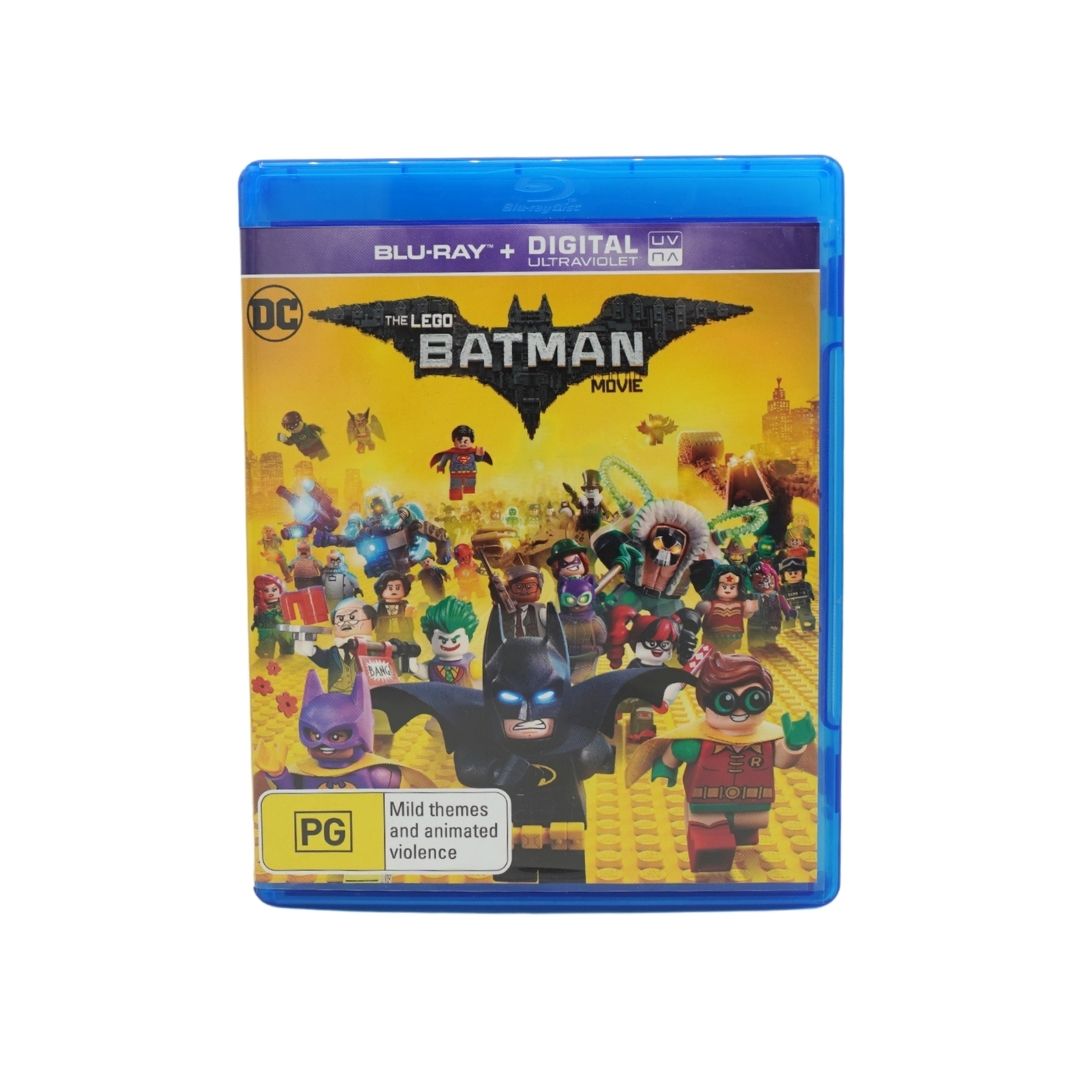 The Lego Batman Movie Blu-ray + Digital Ultra Pack in a blue plastic case, featuring a colorful cover illustration of various Lego Batman characters on a yellow brick-patterned background.