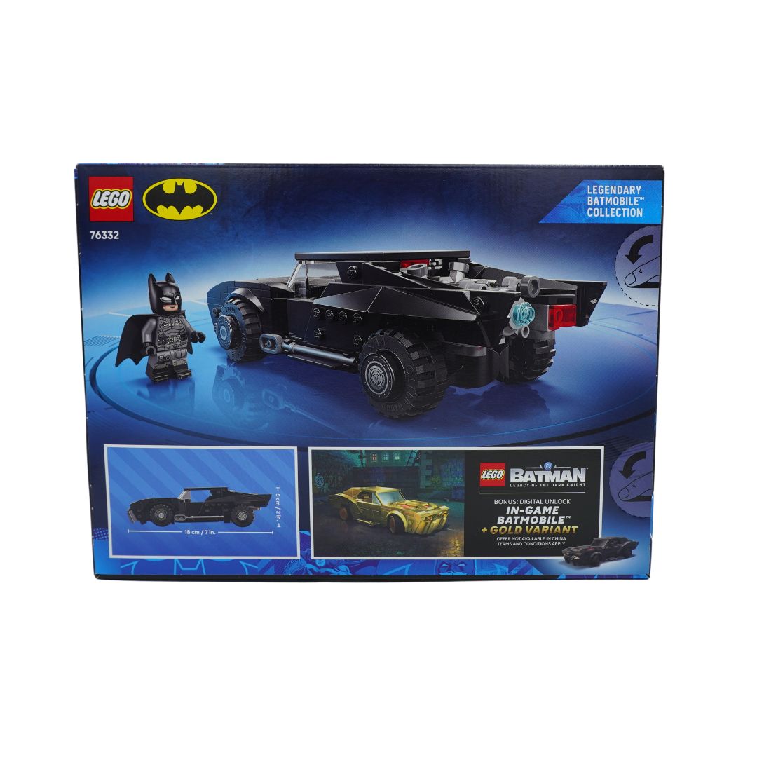 LEGO Batman Advanced Building Set 76322 box, featuring the black Batmobile, Batman minifigure, and promotional graphics on a blue background.