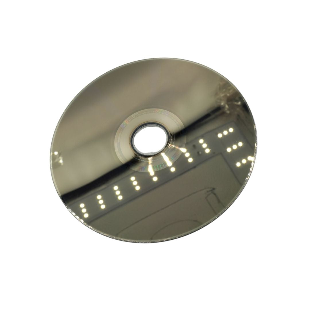 A round, highly polished chrome ceiling light reflector with a central mounting hole, shown on a plain white background.