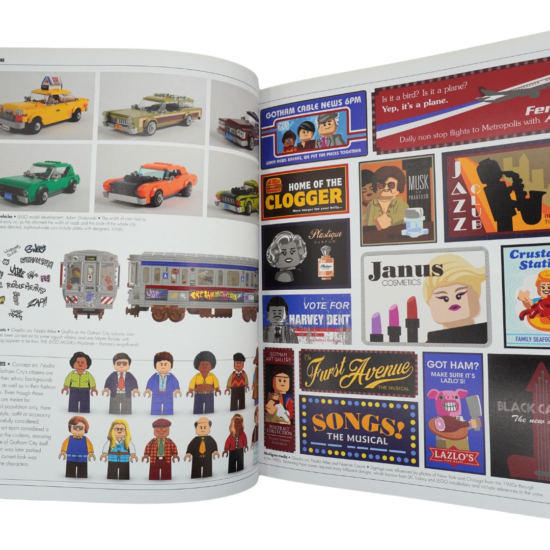 Inside cover of a Batman Lego movie book showing some of the figures and advertising from the movie on a white background.