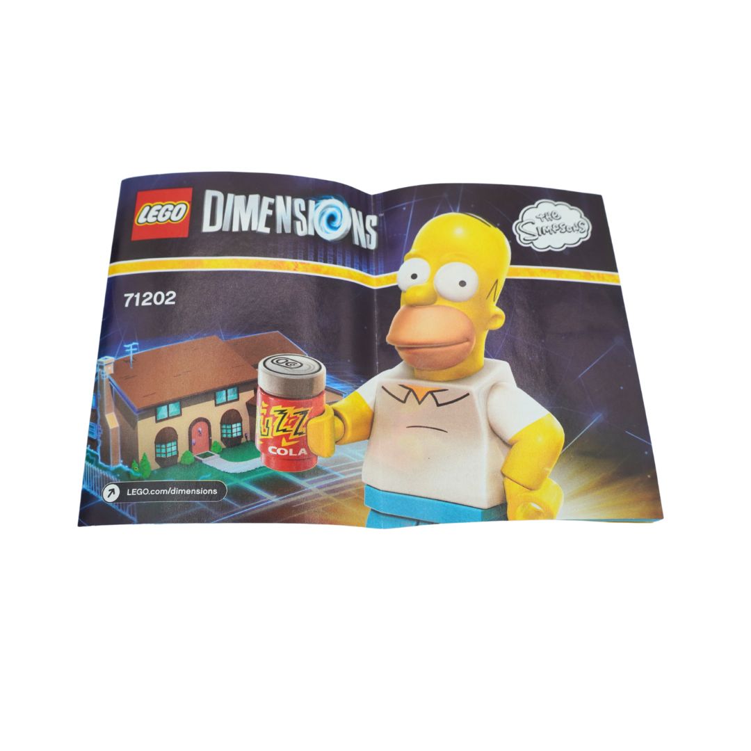 LEGO Dimensions instruction booklet for set 71202, featuring Homer Simpson holding a can of 77 Cola next to a house illustration on a dark background.