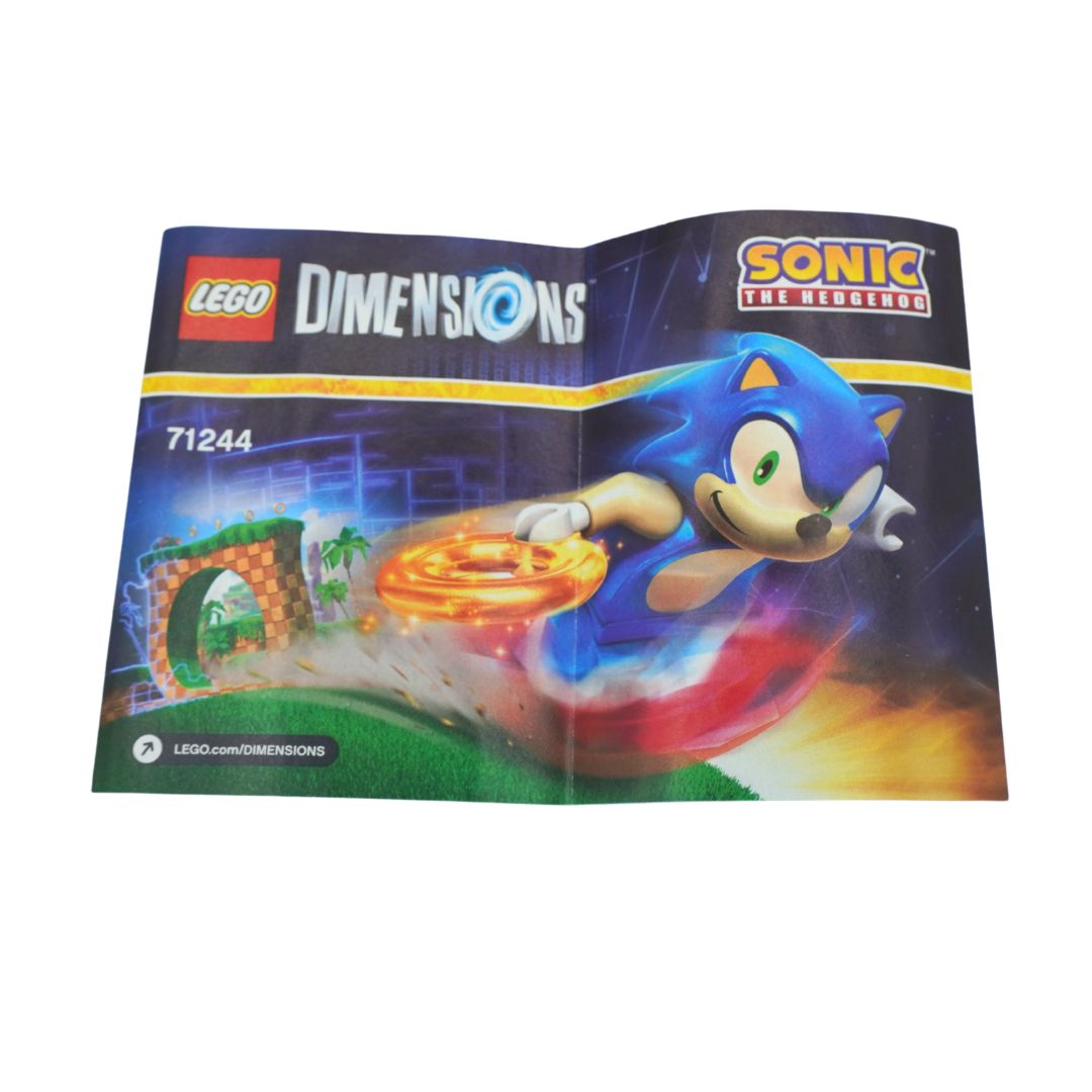 LEGO Dimensions Sonic the Hedgehog set 71244 box art shown open against a plain white background, featuring Sonic flying with a ring and LEGO Dimensions branding.