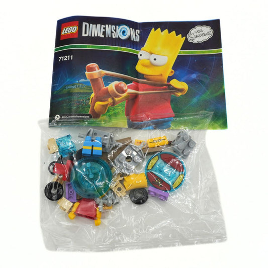 LEGO Dimensions Bart Simpson toy set 71211, showing the instruction booklet and a clear plastic bag containing the assorted building blocks and vehicles on a white background.