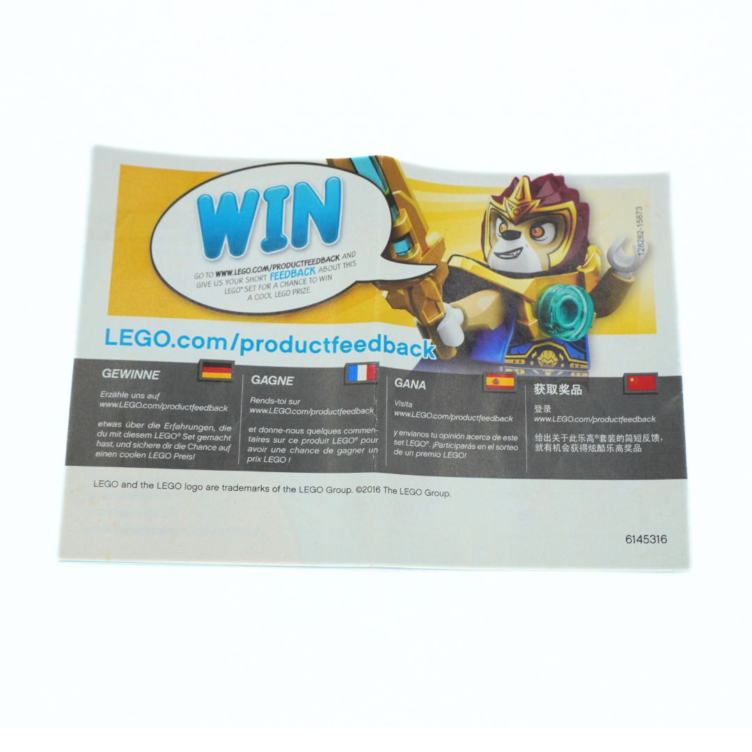 A rectangular LEGO.com/productfeedback card or insert with a colorful LEGO minifigure illustration, a large blue 'WIN' speech bubble, and multiple language feedback sections, photographed on a plain white background.