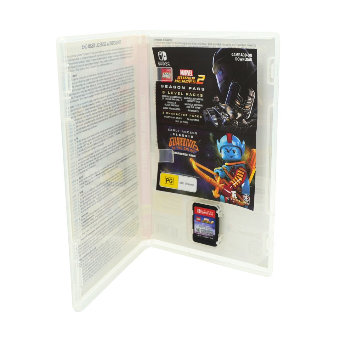 Nintendo Switch Save Card Storage Case shown open, holding a LEGO Marvel Avengers 2 Season Pass 2 Level Pack 2 game card, a small save card, and printed instructions on the inside.