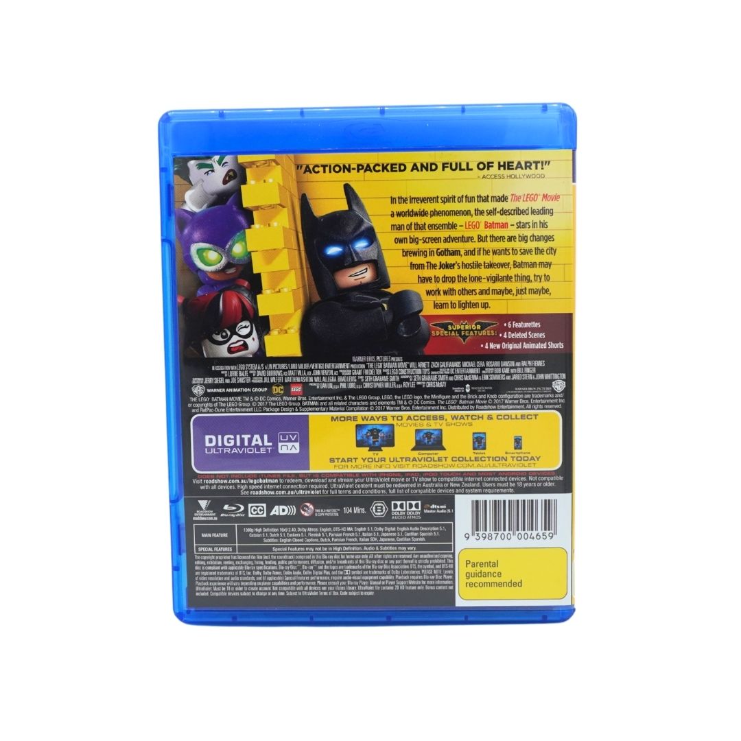 The back cover of a Batman video game case, featuring Batman, Harley Quinn, and Joker artwork on a blue plastic case against a white background.