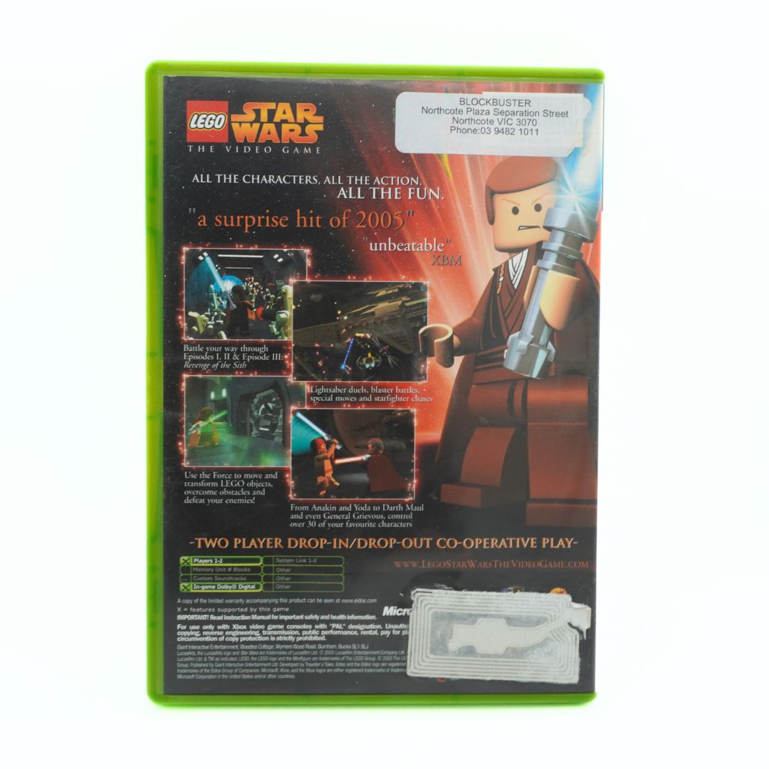 Back cover of a LEGO Star Wars video game packaging with character illustration and text.